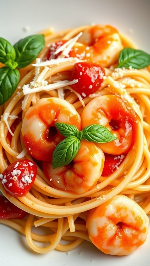Creamy Shrimp Vodka Pasta Creamy shrimp vodka pasta garnished with basil and Parmesan on a plate.